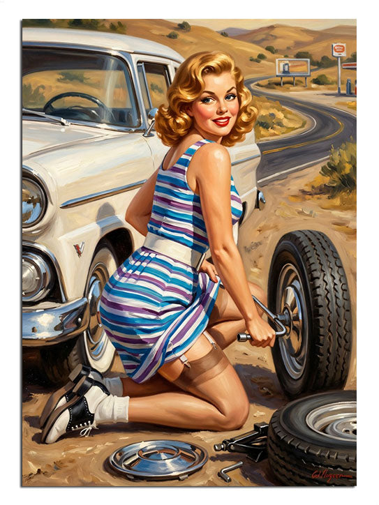 Lastik değiştiren çizgili elbiseli pin-up kadın ve beyaz araba