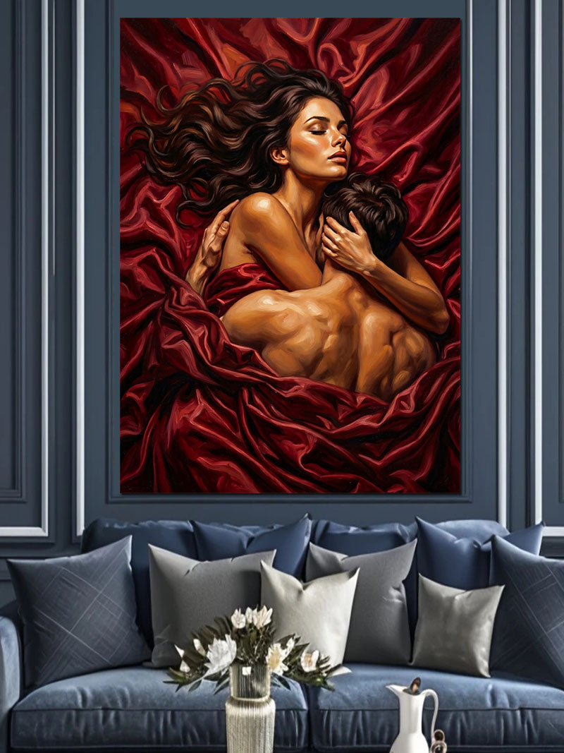 Kırmızı Örtüde Sarılan Çift Romantik Kanvas Tablo