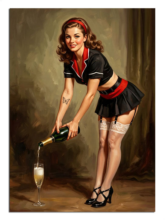 Şampanya döken siyah kırmızı elbiseli pin-up kadın
