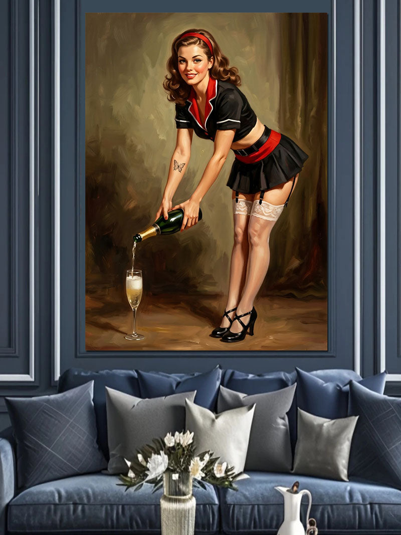 Şampanya Döken Siyah Elbiseli Pin-up Kadın Kanvas Tablo