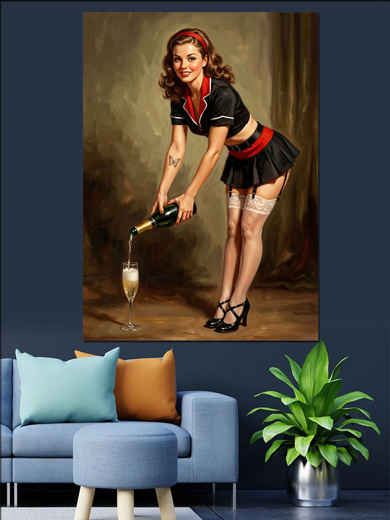 Şampanya Döken Siyah Elbiseli Pin-up Kadın Kanvas Tablo
