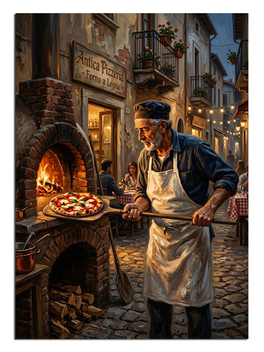 Taş fırında pizza pişiren şapkalı adam gece sokağı