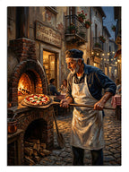 Taş fırında pizza pişiren şapkalı adam gece sokağı