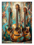 Eskitme duvara asılı üç renkli akustik gitar