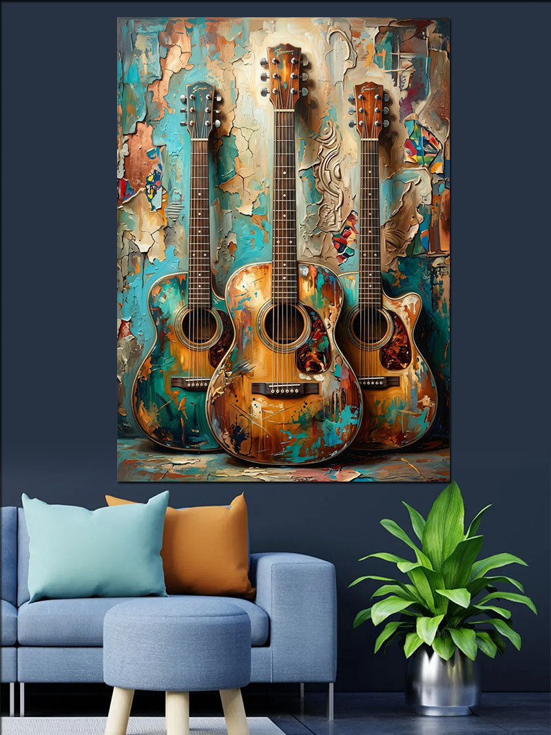 Duvara Asılı Üç Renkli Akustik Gitar Kanvas Tablo
