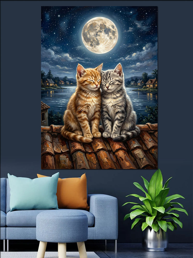 Çatıda Ay Altında İki Kedi Oturan Kanvas Tablo