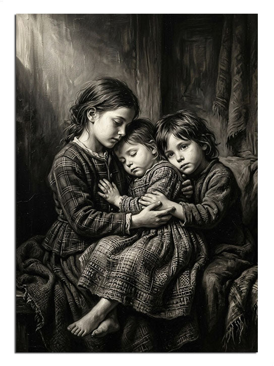 Siyah beyaz sarılan anne ve iki çocuk