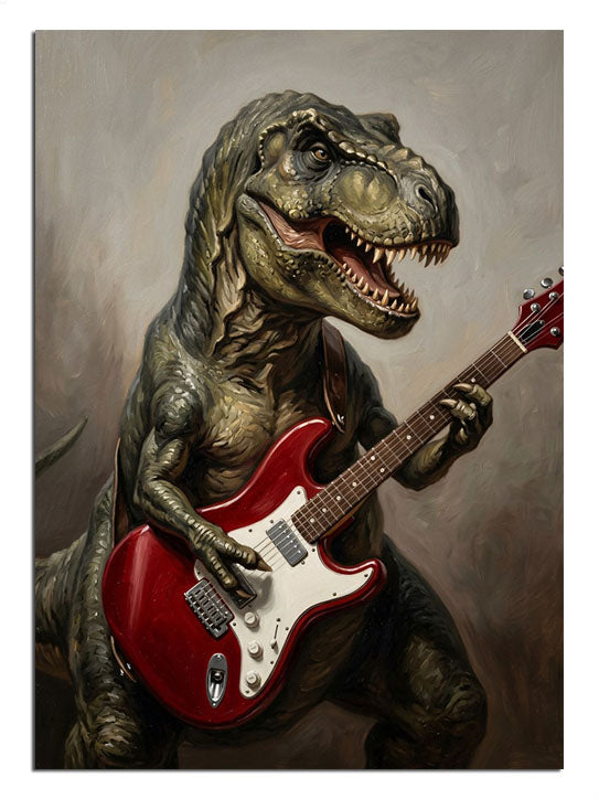 Kırmızı elektro gitar çalan T-Rex dinozor