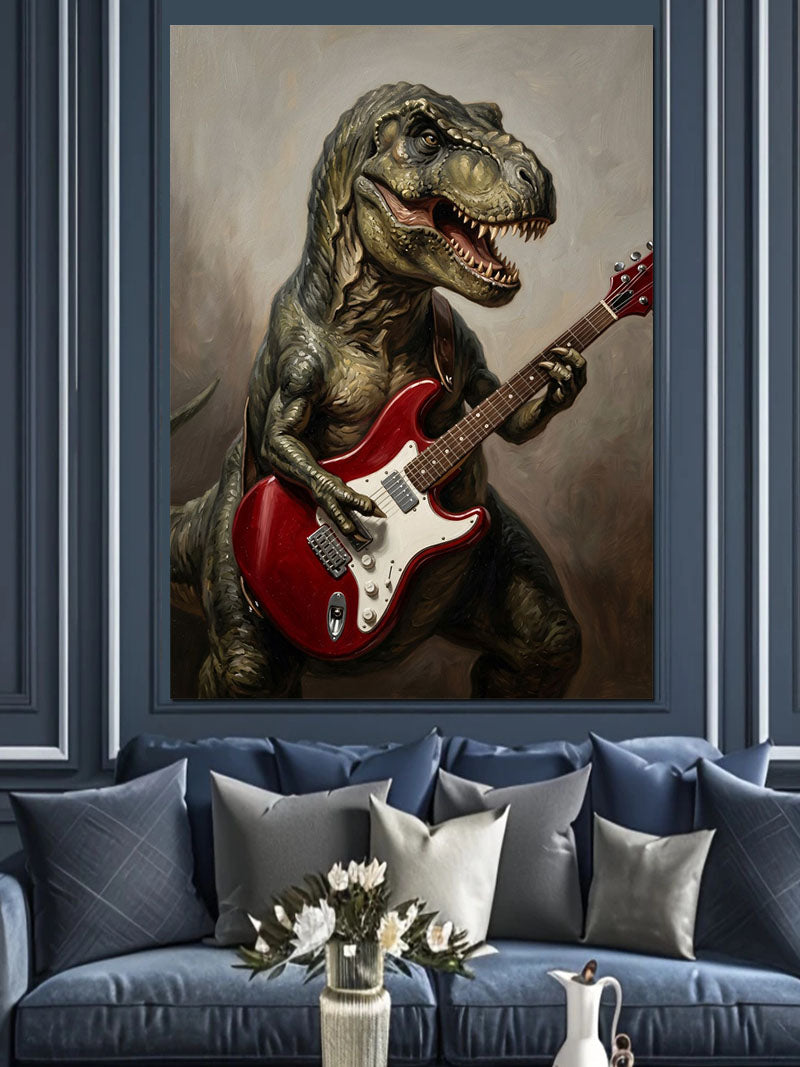 Kırmızı Elektro Gitar Çalan T-Rex Kanvas Tablo