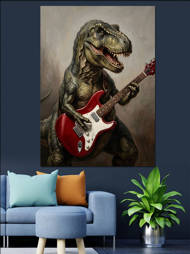 Kırmızı Elektro Gitar Çalan T-Rex Kanvas Tablo