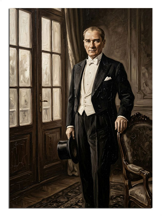 Pencereli odada smokinli ayakta duran Atatürk