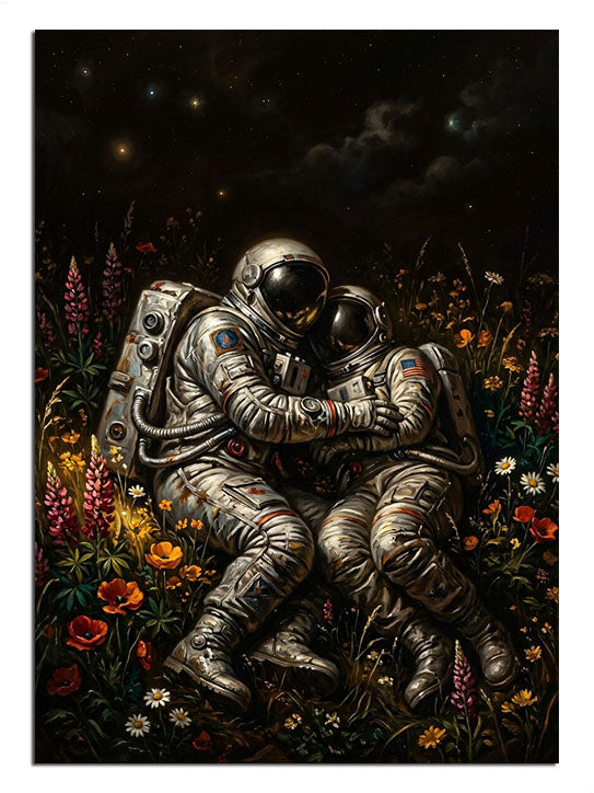 Çiçek tarlasında oturan astronot çift