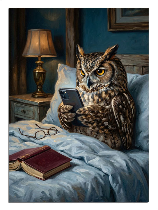 Yatakta telefonlu baykuş ve kitap ve lamba