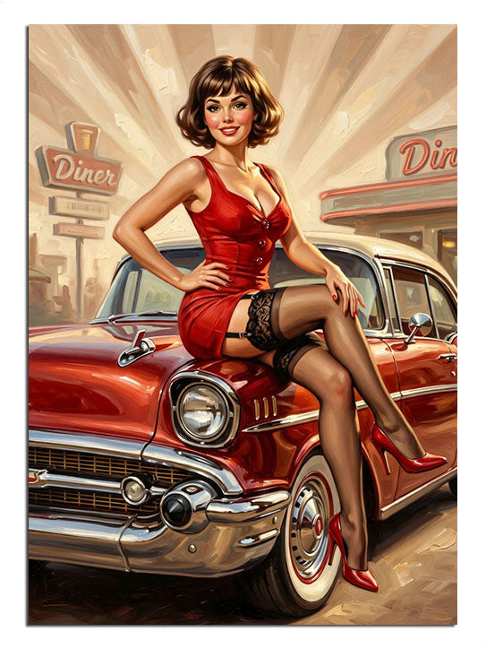 Kırmızı elbiseli ve kırmızı klasik arabada pin-up kadın