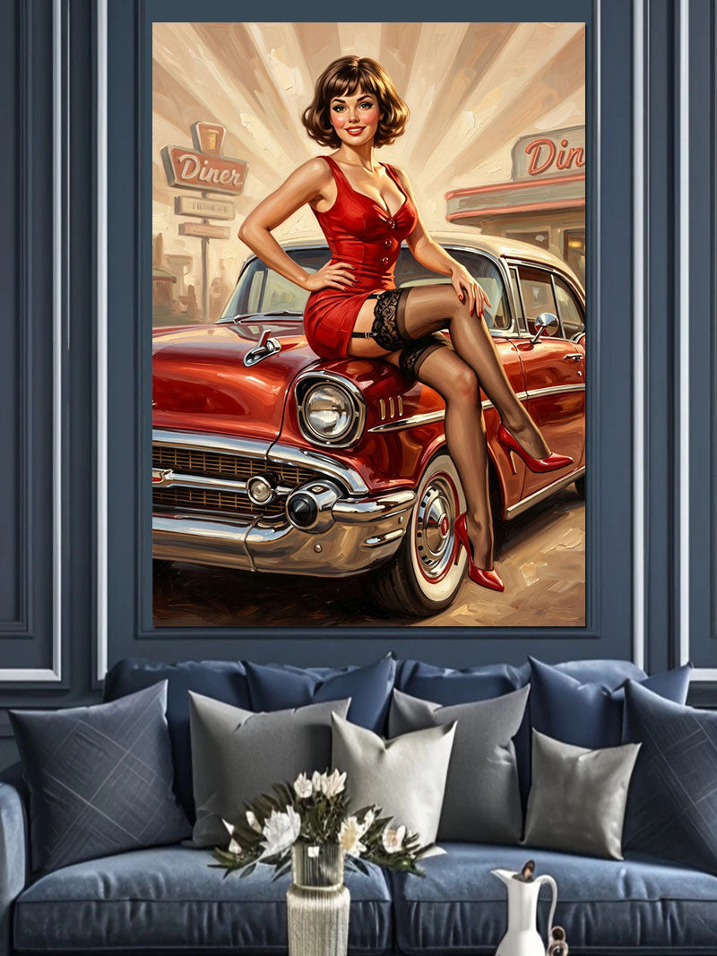 Kırmızı Elbiseli ve Kırmızı Arabada Pin-up Kadın Kanvas Tablo