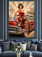 Kırmızı Elbiseli ve Kırmızı Arabada Pin-up Kadın Kanvas Tablo