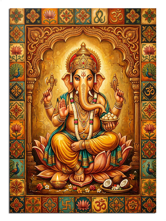 Tahtta oturan altın Ganesha tanrısı
