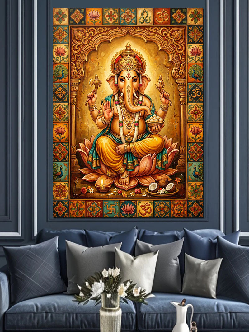 Ganesha Tanrısı Altın ve Turuncu Kanvas Tablo
