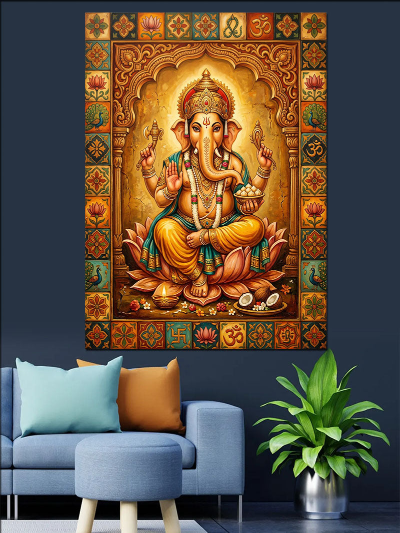 Ganesha Tanrısı Altın ve Turuncu Kanvas Tablo