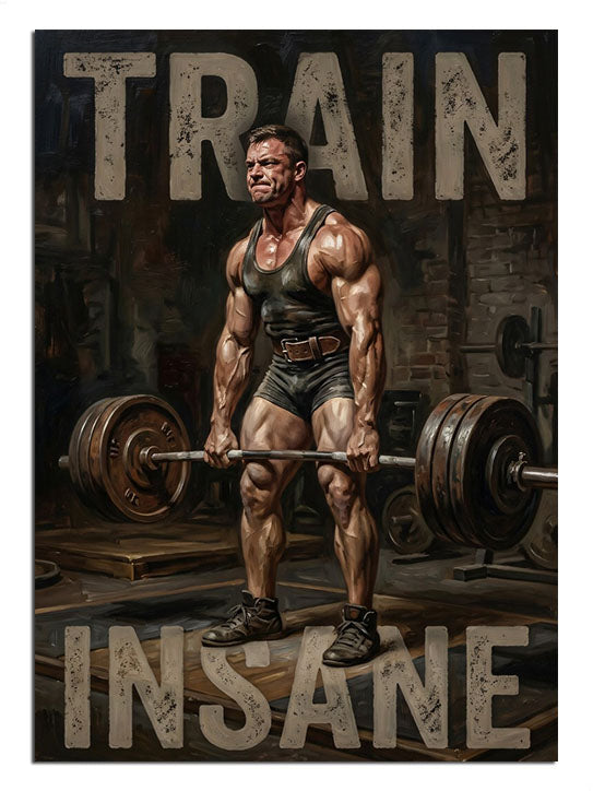 Halter kaldıran kaslı adam siyah beyaz ve TRAIN INSANE yazılı
