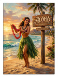 Aloha tabelalı ve leisli hula kız sahilde