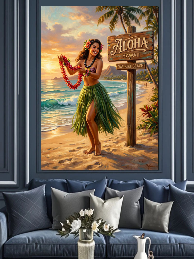 Aloha Tabelalı ve Leisli Hawaii Kızı Sahilde Kanvas Tablo