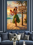 Aloha Tabelalı ve Leisli Hawaii Kızı Sahilde Kanvas Tablo
