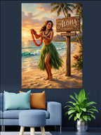 Aloha Tabelalı ve Leisli Hawaii Kızı Sahilde Kanvas Tablo