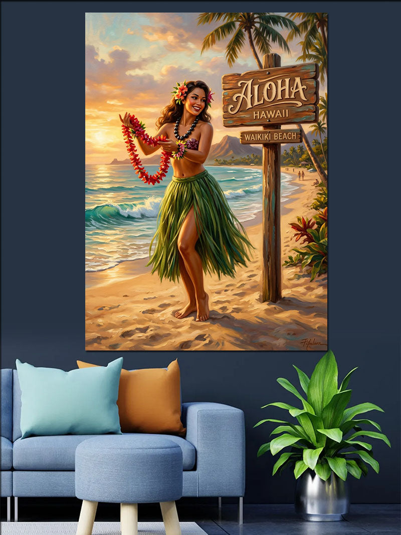 Aloha Tabelalı ve Leisli Hawaii Kızı Sahilde Kanvas Tablo