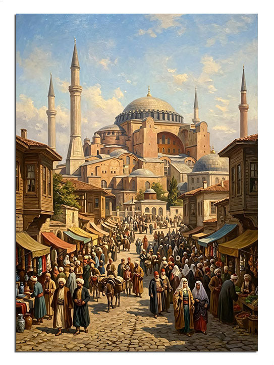 Kalabalık taş sokak ve Ayasofya ve cami manzarası