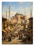 Kalabalık taş sokak ve Ayasofya ve cami manzarası