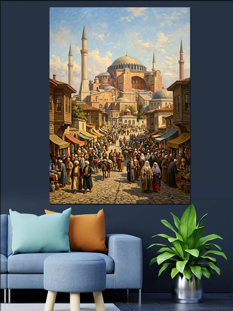 Kalabalık Taş Sokak ve Ayasofya Manzarası Kanvas Tablo