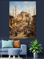 Kalabalık Taş Sokak ve Ayasofya Manzarası Kanvas Tablo