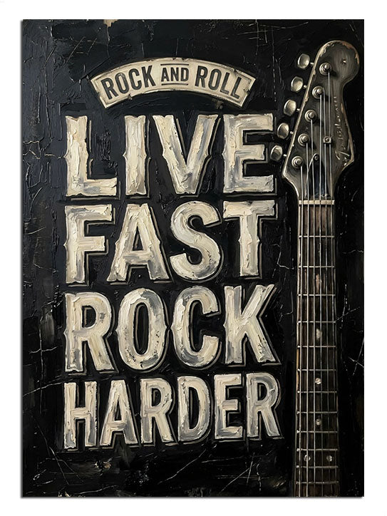 LIVE FAST ROCK HARDER yazılı gitar posteri