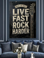 Live Fast Rock Harder Yazılı Gitar Poster Kanvas Tablo