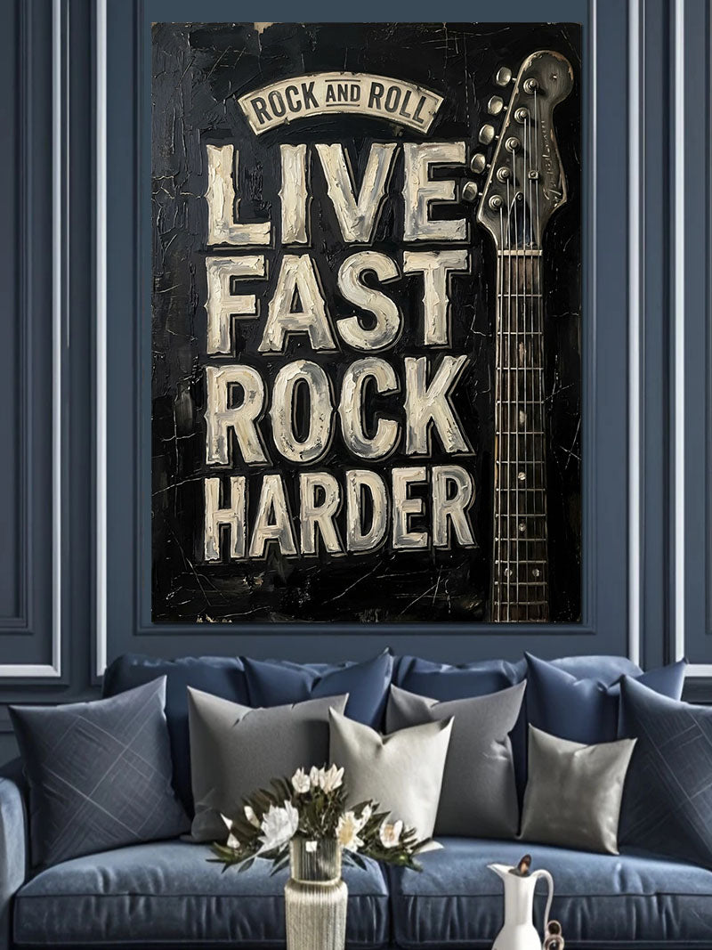 Live Fast Rock Harder Yazılı Gitar Poster Kanvas Tablo