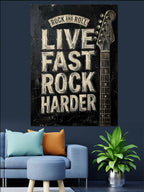 Live Fast Rock Harder Yazılı Gitar Poster Kanvas Tablo