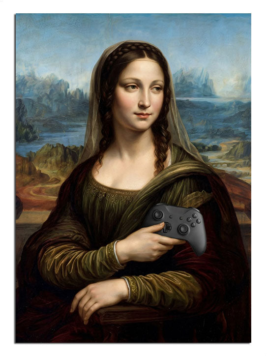 Elinde oyun kumandası tutan Mona Lisa tablosu