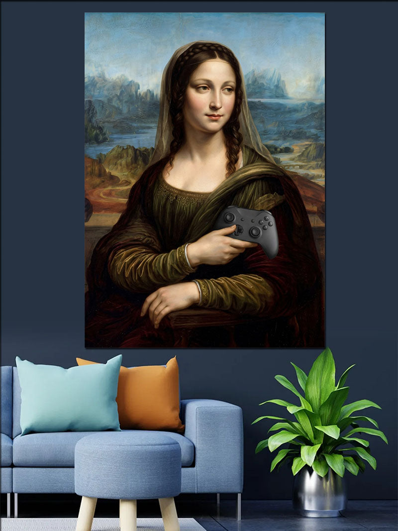 Elinde Kumanda Tutan Mona Lisa Tablosu Kanvas Tablo