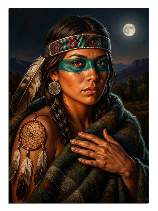 Mavi yüz boyalı ve tüylü başlıklı Kızılderili kadın