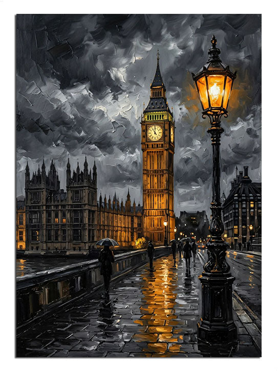 Yağmurlu Londra Big Ben ve lambalı ve kalabalık gece