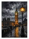 Yağmurlu Londra Big Ben ve lambalı ve kalabalık gece