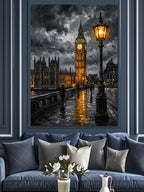 Yağmurlu Londra Big Ben ve Lambalı Kanvas Tablo
