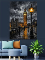 Yağmurlu Londra Big Ben ve Lambalı Kanvas Tablo