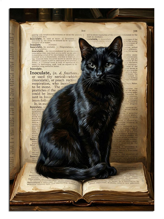 Açık kitap üzerinde oturan siyah kedi