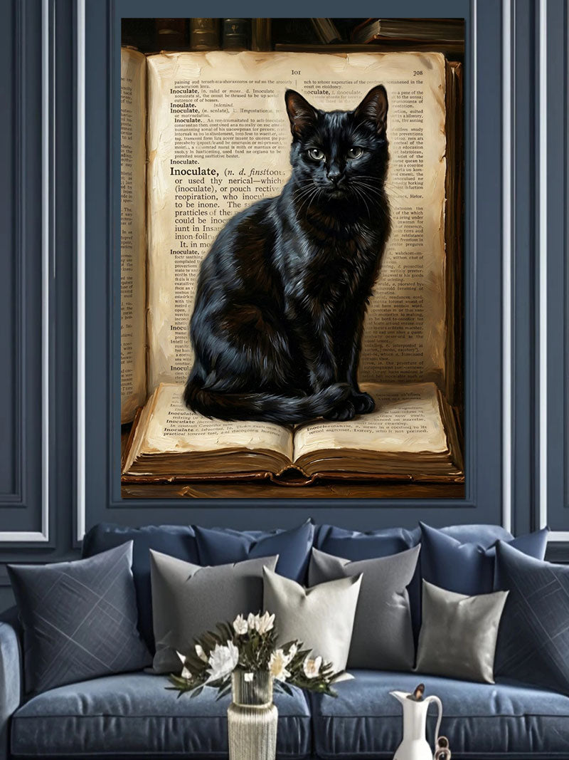Kitap Üzerinde Siyah Kedi Okuyan Kanvas Tablo
