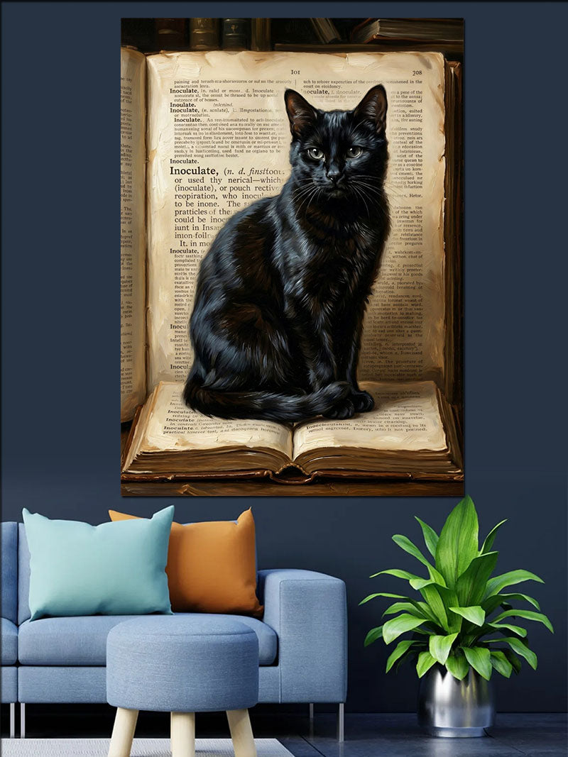 Kitap Üzerinde Siyah Kedi Okuyan Kanvas Tablo
