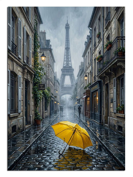 Yağmurlu Paris sokağı ve Eyfel ve sarı şemsiye yerde