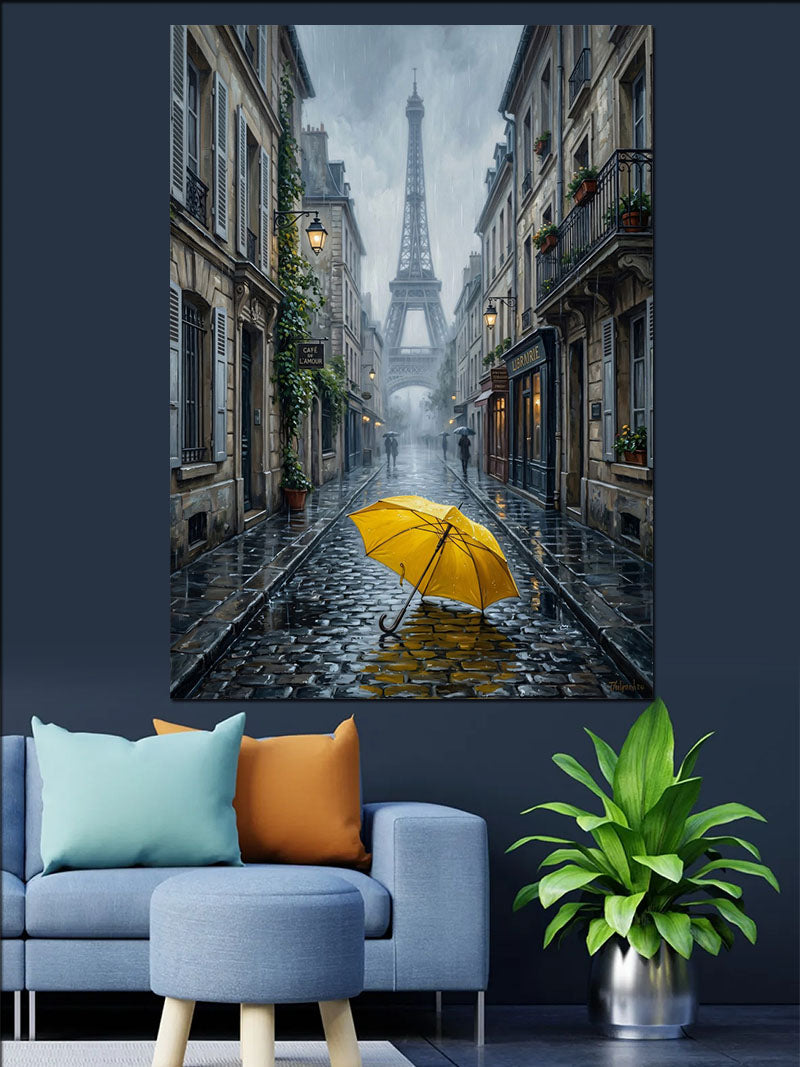Yağmurlu Paris Sokağı ve Eyfel ve Sarı Şemsiye Kanvas Tablo