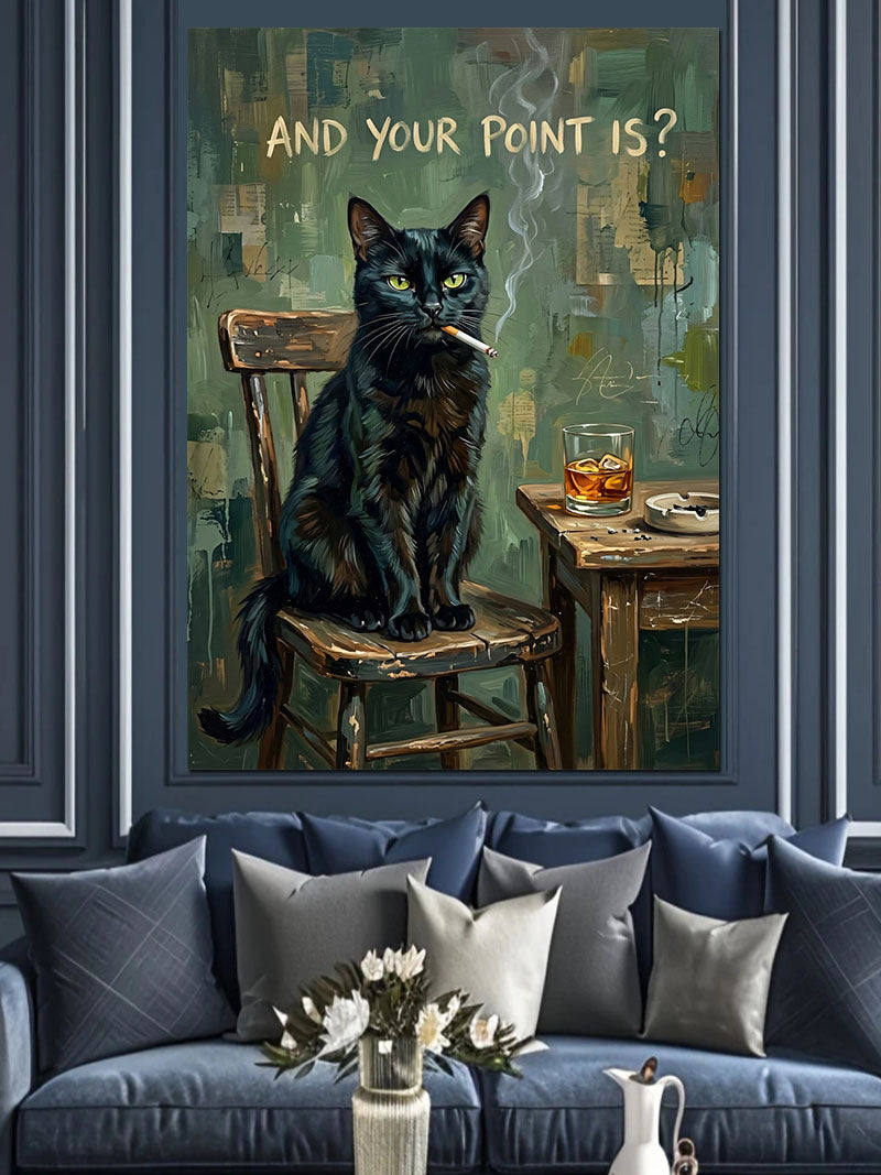 Sandalyede Sigaralı Siyah Kedi Komik Kanvas Tablo